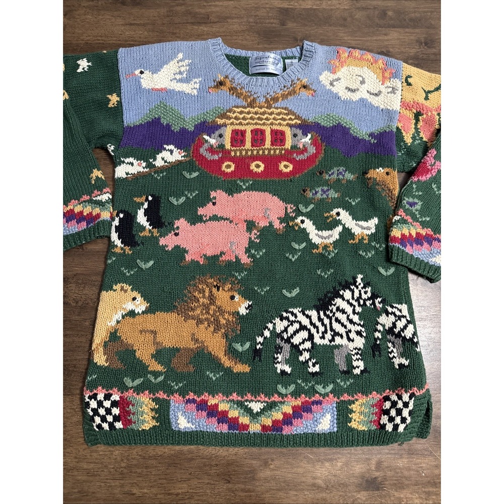 Vtg Northern Isles Noah's Noahs Arc Bible Story Handknit Sweater Small S